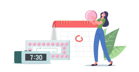 Fertility and Pregnancy Control, Contraception. Tiny Female Character Hold Pink Pill Apply Oral Contraceptives in Timeのイラスト素材