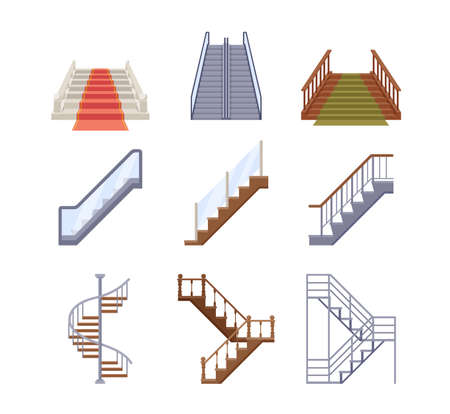 Staircases, Wooden and Metal Ladders with Handrails. Wood and Marble Stairs Covered with Green and red Carpet, Escalatorのイラスト素材