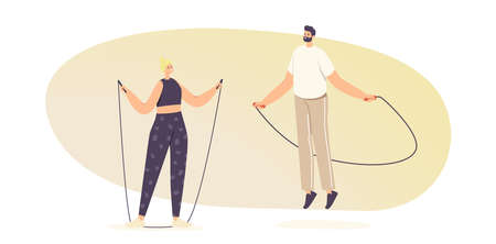 Adult Male and Female Characters in Sportswear Exercising with Jump Rope. Sports Recreation, Outdoor or Active Sparetimeのイラスト素材