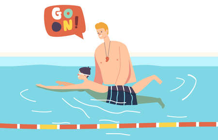 Training, Learning to Swim, Sport Lesson Concept. Swimming Class with Swimmer Child and Couch in Pool. Trainer Supportのイラスト素材