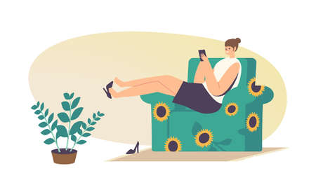 Relaxed Female Character Sitting in Relaxed Pose on Chair with Sunflower Print at Home Looking on Screen of Smartphoneのイラスト素材