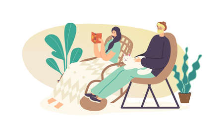 People Relax on Chairs Concept. Relaxed Young Woman Sit on Cozy Wicker Rolling Chair or Armchair at Home Read Bookのイラスト素材