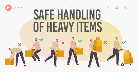 Safe Handling of Heavy Items Landing Page Template. Right and Wrong Manual Lifting of Goods. Character Carry Boxesのイラスト素材