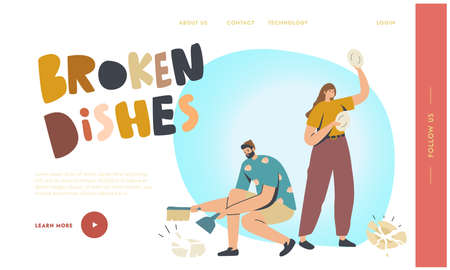 Couple Characters Home Quarrel Landing Page Template. Angry Woman Breaking Dishes Throw Plate on Floor, Man Sweep Piecesのイラスト素材