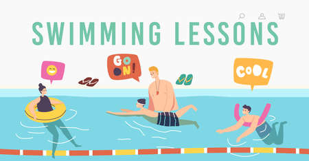 Swimming Lessons Landing Page Template. Coach Teaching Kids Characters in Pool. Girl and Boys with Training Tools Learnのイラスト素材