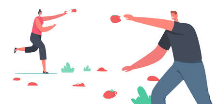 Happy Male Female Characters Throw Vegetable to Eath Other Celebrate La Tomatina, Tomato Festival. Spain Entertainmentのイラスト素材