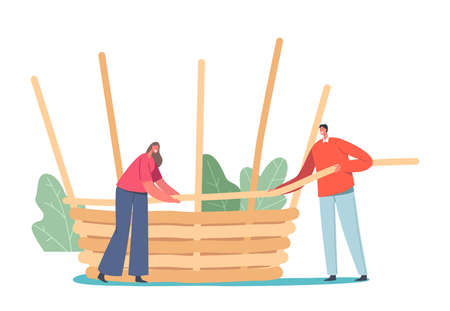 Basket Weaving Concept. Tiny Male or Female Character Make Huge Wicker Pannier of Natural Material Willow, Bamboo, Strawのイラスト素材