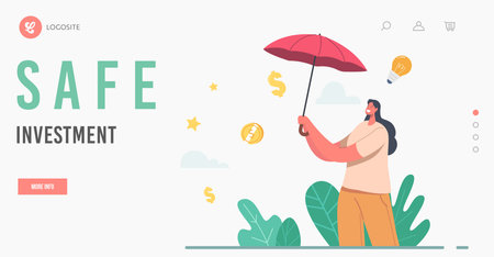 Safe Investment Landing Page Template. Businesswoman Character under Umbrella Protect Money from Financial Crisisのイラスト素材