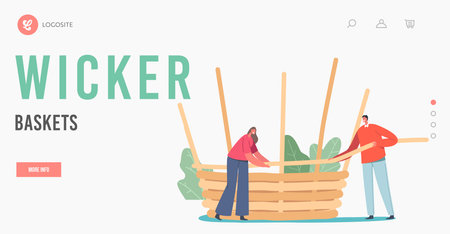 Wicker Basket Weaving Landing Page Template. Tiny Character Make Huge Wicker Pannier of Natural Material Willowのイラスト素材