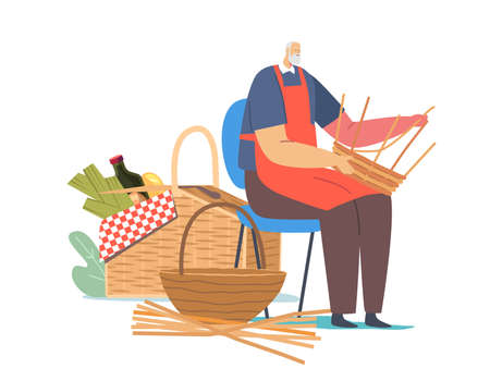 Handmade Hobby, Business. Senior Male Character Weaving Basket. Old Man Make Wicker Picnic Pannier of Natural Materialsのイラスト素材