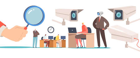 Business Characters under Chef Observation at Work, Privacy. Hand Hold Huge Magnifying Glass Watching on Businesspeopleのイラスト素材