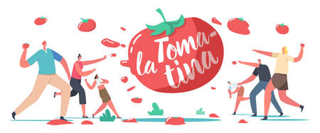 La Tomatina, Tomato Festival Celebration Concept. Happy Characters Throw Vegetable to Eath Other. Harvest Holidayのイラスト素材