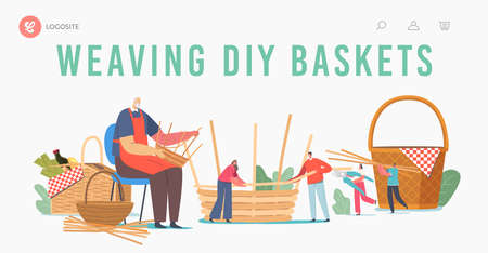 Basket Weaving Diy Landing Page Template. Senior Male Character Make Wicker Pannier of Natural Materials, Handmadeのイラスト素材