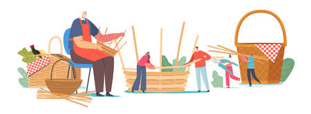Basket Weaving Concept. Senior Male Character Make Wicker Pannier of Different Natural Materials Willow, Bamboo, Grassのイラスト素材