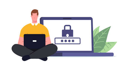 Male Character Sitting at Huge Laptop with Padlock on Screen Working on Pc with Weak Password for Profile and Accountのイラスト素材