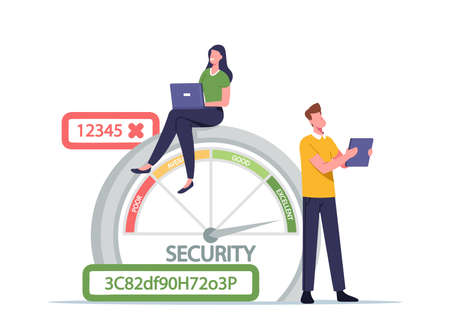 Woman with Laptop and Man with Tablet at Scale of Password Security Range with Poor, Average, Good and Excellent Safetyのイラスト素材