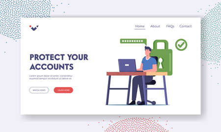 Profile and Internet Account Protection Landing Page Template. Man Sit at Desk Working on Laptop with Strong Passwordのイラスト素材