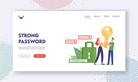 Data Protection Landing Page Template. Tiny Characters Holding Huge Gold Key near Green Padlock with Strong Passwordのイラスト素材