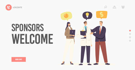 Medicine Sponsorship Landing Page Template. Sponsors Business Characters Visit Hospital Meet with Doctor Offer Supportのイラスト素材