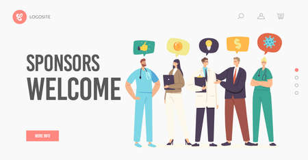 Medicine Sponsorship Landing Page Template. Businessman Visit Hospital as Sponsor, Meet with Doctors Offering Supportのイラスト素材