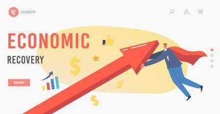 Economic Recovery, Revival Landing Page Template. Businessman Character in Cloak Rising Up Arrow Graph , Economy Revivalのイラスト素材
