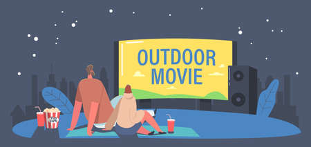 Couple with Pop Corn and Soda Drink in Open Air Cinema at Backyard Spend Night at Outdoor Movie Theater Watching Filmのイラスト素材