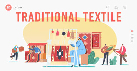 Traditional Textile Landing Page Template. Characters Weaving Carpet on Handloom and Selling on Asian Oriental Bazaarのイラスト素材