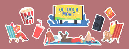 Set of Stickers Outdoor Movie, Open Air Cinema Theme. Characters Sitting on Ground front of Big Screen Watching Filmのイラスト素材