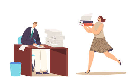 Accounting Bureaucracy, Manager Job Occupation, Deadline. Man and Woman with Huge Heap of Paper Documentsのイラスト素材