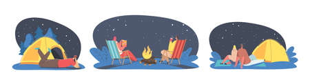 Characters Spend Night Outdoor in Camping, Active Sparetime Concept. People Spending Time Open Air in Tent at Campfireのイラスト素材