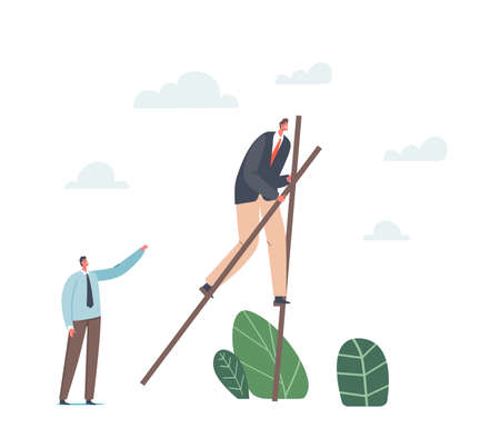 Competitive Advantages Concept. Businessman Character in Formal Wear Walking on Stilts. Entrepreneur Escape Crisisのイラスト素材
