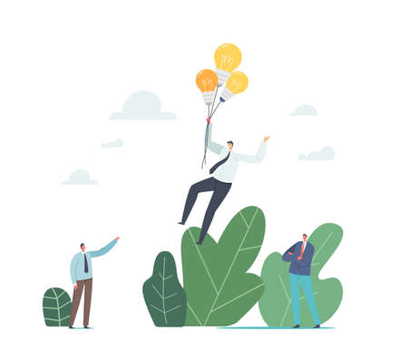Office Worker with Creative Idea Fly to Success. Goal Achievement, Competitive Advantages. Character...
