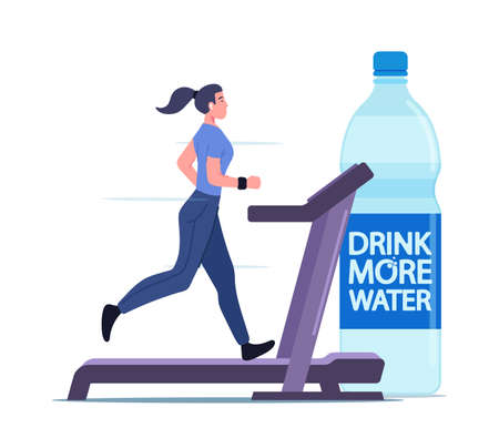 Healthy Lifestyle, Hydration Concept. Athletic Beautiful Sportswoman Character Run on Treadmill and Drinking Waterのイラスト素材