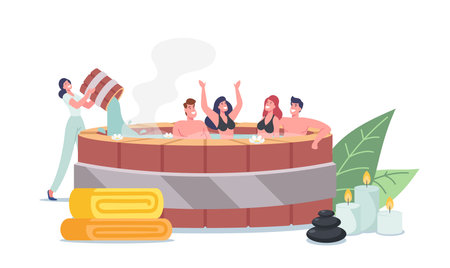 Happy Characters Relax in Japanese Onsen Bath, Natural Spa Resort, Hot Springs. Friends Enjoy Nature Thermal Water Poolのイラスト素材