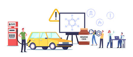 Characters on Gas Station Filling Car with Fuel near Huge Screen with Benzene Ring Formula C6H6. Petroleum Refuelingのイラスト素材