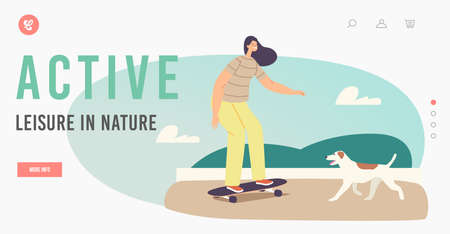Active Leisure in Nature Landing Page Template. Young Girl Riding Skateboard in City Park. Skateboarder Girl Activityのイラスト素材