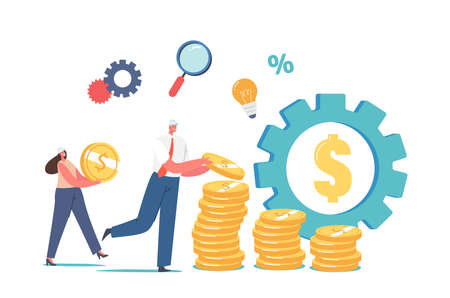 Value Engineering. Tiny Engineers Characters in Helmets Collect Huge Golden Coins in Stacks, Huge Gear with Dollarのイラスト素材