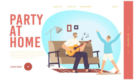 Happy Family Home Party Landing Page Template. Father Playing Guitar and Singing Song, Daughter Dance. Parent and Childのイラスト素材