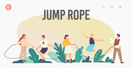 Happy Children Exercise with Jump Rope Landing Page Template. Kids Summertime Recreation, Outdoor Active Sparetimeのイラスト素材