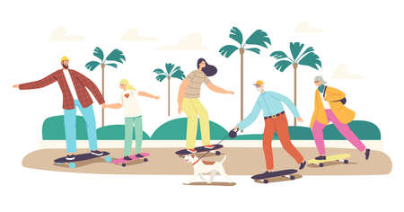 Skateboard Family Concept. Happy Characters Mother, Father, Daughter and Grandparents with Dog Skating Outdoorsのイラスト素材