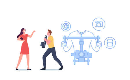 Videographer or Cameraman Character with Camera on Gimbal Stabilizer Recording Female Journalist or...