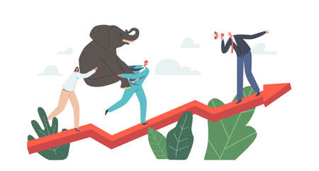 Business Characters Power Team Holding Elephant on Hands Climbing Growing Arrow Graph, Corporate Challenge, Successのイラスト素材