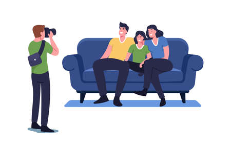 Family Photo Concept. Photographer Shoot People Sitting on Couch. Happy Relatives Mother, Father and...