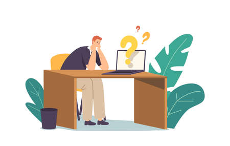 Finding Answer, Creative Idea Research Concept. Business Man Character Sit at Desk with Laptop and Question Marksのイラスト素材