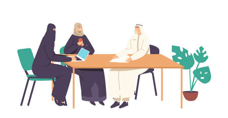 Arab Male and Female Characters Team in Traditional Clothes Communicate Sitting at Office Desk. Board Meeting, Relationsのイラスト素材