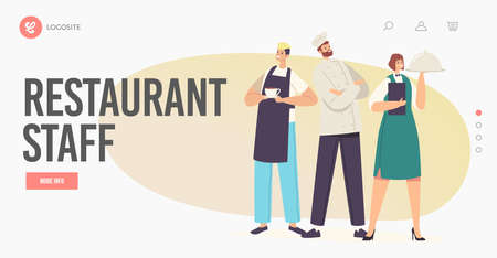 Restaurant Staff Landing Page Template. Characters Hospitality Team in Uniform. Barman with Drink, Waitress with Dishのイラスト素材