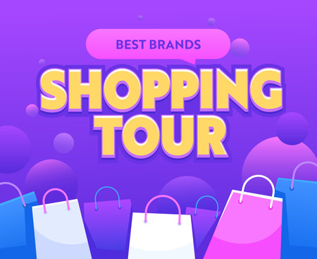 Shopping Tour Banner with Paper Bags. Best Brands Sale Travel, Advertising for Total Clearance Promotion, Stock Discountのイラスト素材