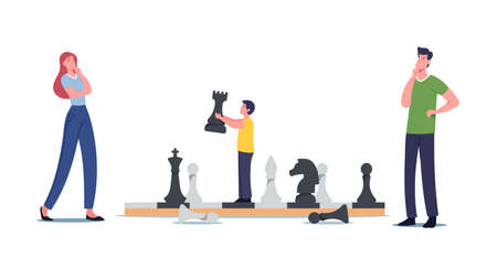 Happy Family Characters Mother, Father and Little Son Playing Chess. Boy Moving Huge Figures on Chessboard, Spare Timeのイラスト素材