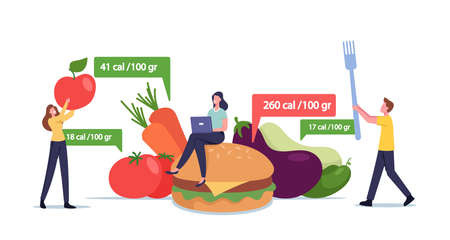 App for Nutrition and Dieting Concept. Tiny Male Female Characters at Huge Healthy and Unhealthy Meals Counting Caloriesのイラスト素材