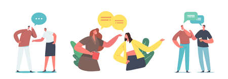 Set Male and Female Characters Gossip. People Whisper, Discussing Fake News and Information, Friends Meeting, Chattingのイラスト素材